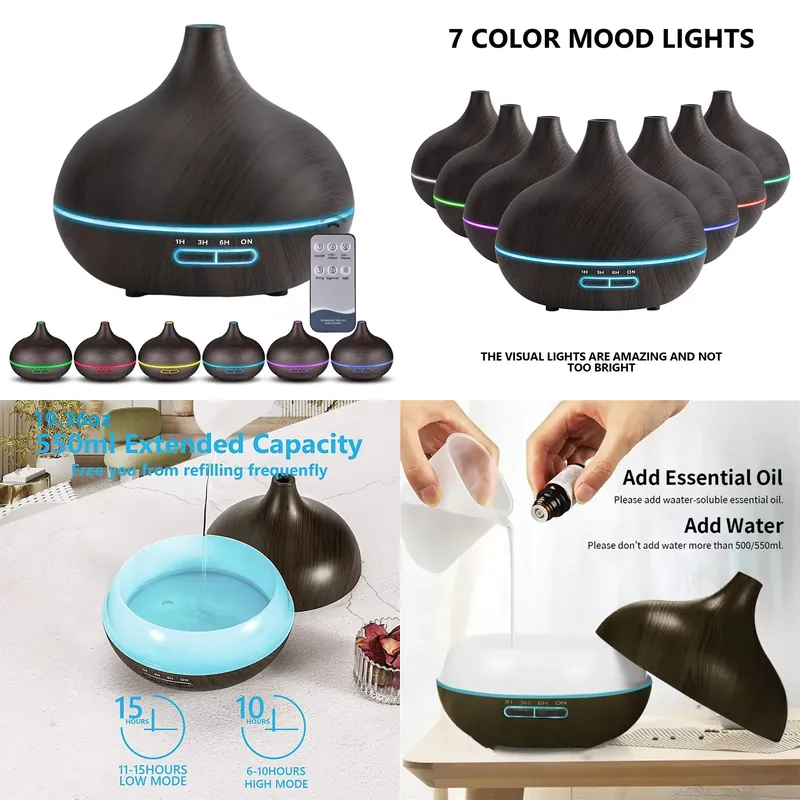 Essential Oils - 550ml ウッドカラー USB アロマディフューザー、7 色の LED